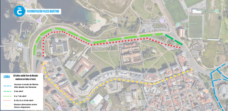 Mejoras en el pavimento del Paseo Marítimo entre el Aquarium y la Torre de Hércules del 6 al 13 de abril.